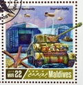 Cancelled postage stamp printed by Maldives, that shows Sherman Firefly