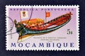Cancelled postage stamp printed by Mozambique, that shows Shallop