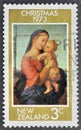 Cancelled postage stamp printed by New Zealand, that shows Tempi Madonna by Raphael Royalty Free Stock Photo