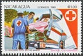 Cancelled postage stamp printed by Nicaragua, that shows Ambulance service, Red Cross