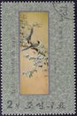 Cancelled postage stamp printed by North Korea, that shows Birds, Art Embroidery: Animals