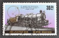 Cancelled postage stamp printed by North Korea, that shows Krupp freight locomotive