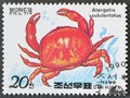 Cancelled postage stamp printed by North Korea, that shows Red Reef Crab