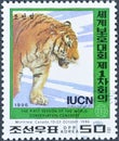 Cancelled postage stamp printed by North Korea, that shows Tiger (Panthera tigris), IUCN Congress, Montreal