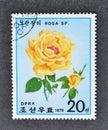 Cancelled postage stamp printed by North Korea, that shows Yellow Rose