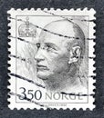 Cancelled postage stamp printed by Norway, that shows portrait of King Harald V