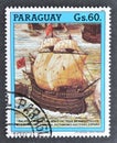 Cancelled postage stamp printed by Paraguay, that shows Spanish Galleon