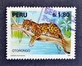 Cancelled postage stamp printed by Peru, that shows Otorongo Jaguar Royalty Free Stock Photo