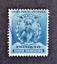 Cancelled postage stamp printed by Peru, that shows portrait of Francisco Pizarro