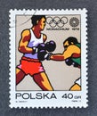 Cancelled postage stamp printed by Poland, that shows Boxing Royalty Free Stock Photo