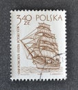 Cancelled postage stamp printed by Poland, that shows `Dar Pomorza` 20th Century School Ship