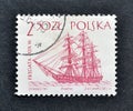 Cancelled postage stamp printed by Poland, that shows Frigate Royalty Free Stock Photo