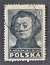 Cancelled postage stamp printed by Poland, that shows portrait of Adam Mickiewicz Royalty Free Stock Photo