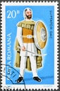 Cancelled postage stamp printed by Romania, that shows Dacian warrior