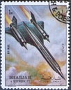 Cancelled postage stamp printed by Sharjah and dependencies, that shows Supersonic Aircraft