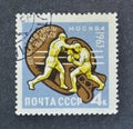 Cancelled postage stamp printed by Soviet Union, that shows Boxing