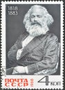 Cancelled postage stamp printed by Soviet Union, that shows portrait of Karl Marx, 150th Birth Anniversary