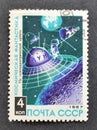 Cancelled postage stamp printed by Soviet Union, that shows Space Walk in Lunar Orbit