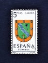 Cancelled postage stamp printed by Spain, that shows Coat of arms of Sahara