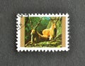 Cancelled postage stamp printed by Umm al-Qiwain, that shows Markhor