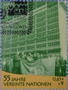 Cancelled postage stamp printed by United Nations, that celebrates UN United Nations, 55th Anniversary