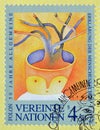 Cancelled postage stamp printed by United Nations, that celebrates 50 years of Universal Declaration of Human Rights