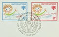 Cancelled postage stamp printed by United Nations, that shows Children drawings, International Year of the Child