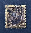 Cancelled postage stamp printed by USA, that shows portrait of Benjamin Harrison