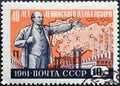 Cancelled postage stamp printed by USSR, that shows Lenin, Map and Power Stations Royalty Free Stock Photo