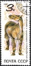 Cancelled postage stamp printed by USSR, that shows Prehistoric Animal, Chalicotherium