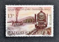 Cancelled postage stamp printed by Yugoslavia, that shows Barge Ship