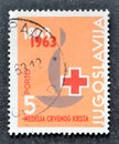 Cancelled postage stamp printed by Yugoslavia, that shows Centenary Emblem, Red cross Royalty Free Stock Photo