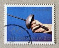 Cancelled postage stamp printed by Yugoslavia, that shows Fencing, Summer Olympics in Moscow Royalty Free Stock Photo