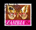 Cancelled postage stamp printed by Zambia, that shows Nudaurelia zambesina butterfly