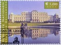 Cancelled postage stamps printed by United Nations, that shows Belvedere castle Royalty Free Stock Photo