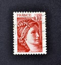 Cancelled stage stamp printed by France, that shows Sabine from the `the kidnapping of the Sabines` ,painting by Jacques-Louis Dav Royalty Free Stock Photo