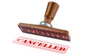 Cancelled stamp. Wooden stamper, seal with text cancelled, 3D rendering Royalty Free Stock Photo
