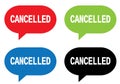 CANCELLED text, on rectangle speech bubble sign.