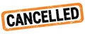 CANCELLED text written on orange-black rectangle stamp