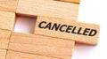 Cancelled word written on wood block Writing note showing Cancel. Business photo showcasing To decide or announce that planned