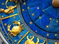 Cancer astrological sign on ancient clock. Detail of Zodiac wheel with crab Royalty Free Stock Photo