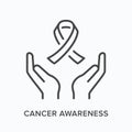Cancer awareness flat line icon. Vector outline illustration of hands holding ribbon. Black thin linear pictogram for