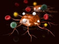 Cancer cells with blood cells and other bacteria, dark background, 3d Illustration