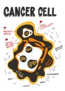 Cancer cells structure. Labeled Cancer cell anatomy. characteristic of Cancer. doodle flat medical illustration.