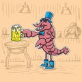 The cancer character is with a beer in his hat and boots on the background of the bar. Hand drawn, sticker postcard decorative Royalty Free Stock Photo