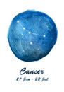Cancer constellation icon of zodiac sign Cancer in cosmic stars space. Blue starry night sky inside circle background. Royalty Free Stock Photo