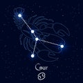 Cancer, constellation and zodiac sign on the background of the cosmic universe. Blue and white design. Illustration vector Royalty Free Stock Photo