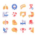 Cancer different organs line color icons set. Oncology medical diagnostic concept. Malignant neoplasms. Cancer breast, brain,