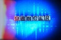 Cancer disease background concept with cubic metal letters