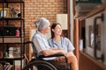 Cancer patients in wheelchairs receive rehabilitation treatment in private home